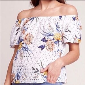 BB Dakota 100% Cotton Floral Print Eyelet Peplum Off The Shoulder Blouse Small
